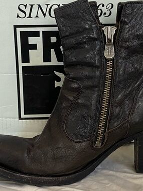 VTG 90s Frye Square Toe Leather Ankle Boots - Espresso Brown Heeled - 9.5B